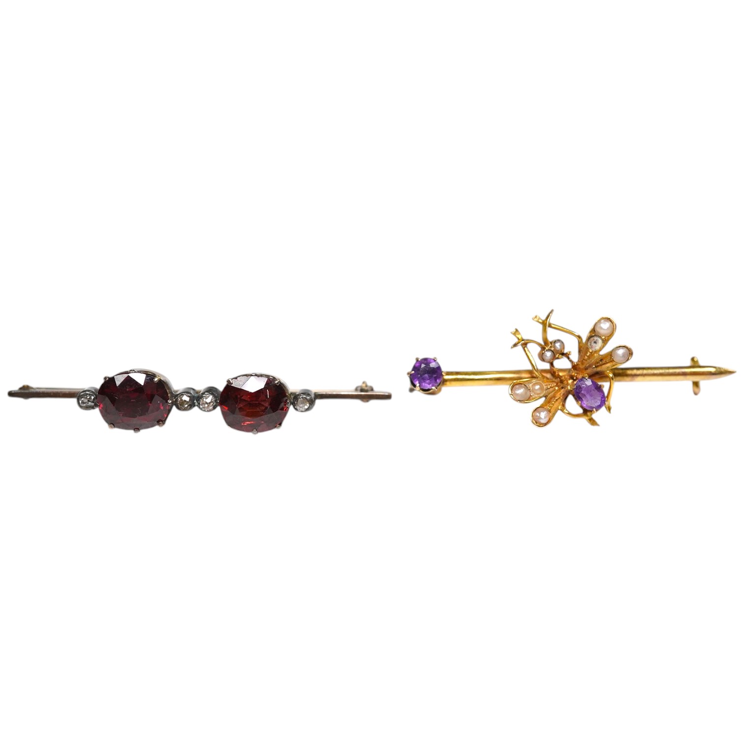 An Edwardian 375, amethyst and seed pearl set bug bar brooch, 39mm (lacking pin) and a yellow metal, garnet? and diamond chip set bar brooch, gross weight 4.4 grams. Condition - poor to fair